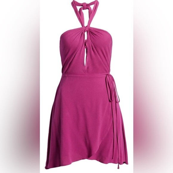 Lulus NWT Matinee Flirty Twisted Halter Keyhole Faux Wrap Magenta Skater Dress S - Picture 5 of 6